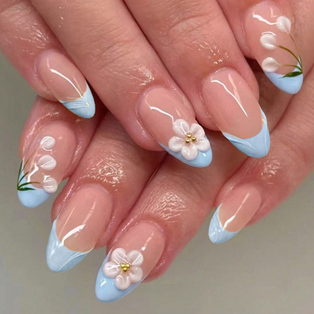 Pressed Flower Art - 30 Stück kurze, mandelförmige Nagelaufkleber, 3D-Gel-Blumen